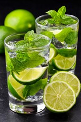 Fototapeta premium Refreshing mojito cocktails with mint and lime slices