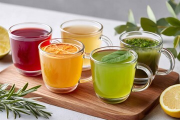 Fototapeta premium Variety of colorful natural herbal teas and infusions on wooden board