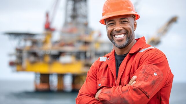 Oil rig engineer smiling while working offshore