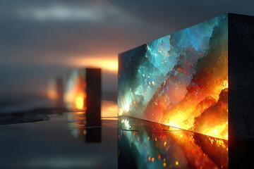 An abstract artistic composition featuring translucent geometric blocks filled with glowing textures of fire and ice.  