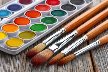 Obraz premium Watercolor paint set with brushes on wooden table
