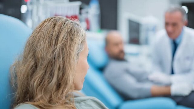 Patient seated calmly in a phlebotomy chair as the technician locates veins hands and face in sharp focus with calming blurred outpatient lab environment behind.