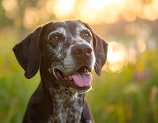 Senior dog with brown spots, smiling, sitting outside in sunlight with bokeh