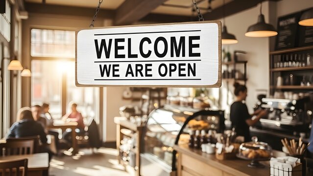 Cozy cafe welcomes customers with a warm 'welcome, we are open' sign - Powered by Adobe