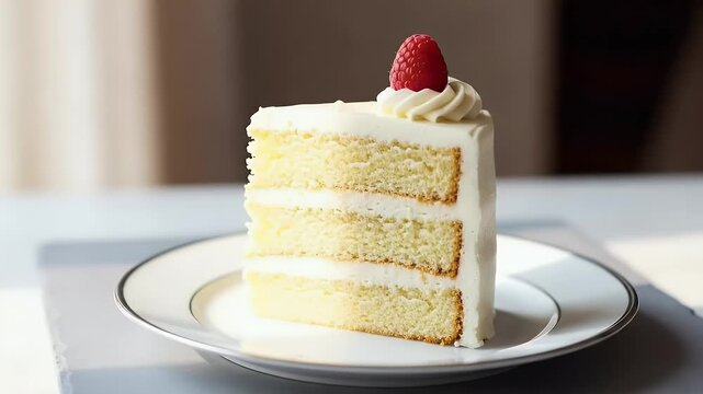 A slice of layered cake with white frosting and a raspberry on top.