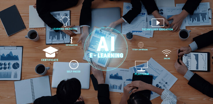 A diverse group collaborating on AI e-learning initiatives, showcasing digital icons and materials focused on education and technology on a wooden table. Trope - Powered by Adobe