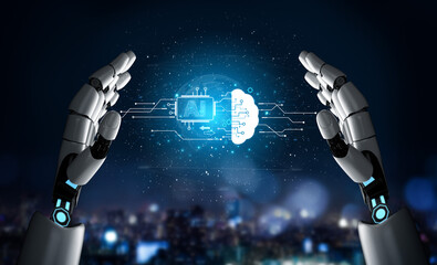 An advanced AI assistant visualizes its machine learning process. This generative technology shows its core processor connecting to a cloud brain and global neural network. Fermion