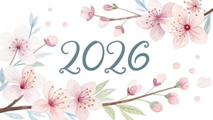 2026 Typography With Spring Flowers On White Background, Watercolor Floral Illustration, Seasonal Design For Easter, New Year, Greeting Cards, Banners, Posters, Calendars, Marketing And Holiday Promo