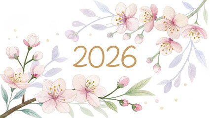 2026 Typography With Spring Flowers On White Background, Watercolor Floral Illustration, Seasonal Design For Easter, New Year, Greeting Cards, Banners, Posters, Calendars, Marketing And Holiday Promo