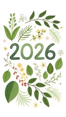 2026 Made Of Green Leaves And Spring Plants On White Background, Nature New Year Concept, Eco Design For Calendar, Banner, Poster, Branding, Sustainability, Growth And Fresh Start Theme