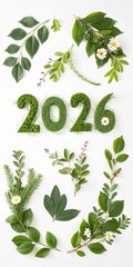 2026 Made Of Green Leaves And Spring Plants On White Background, Nature New Year Concept, Eco Design For Calendar, Banner, Poster, Branding, Sustainability, Growth And Fresh Start Theme