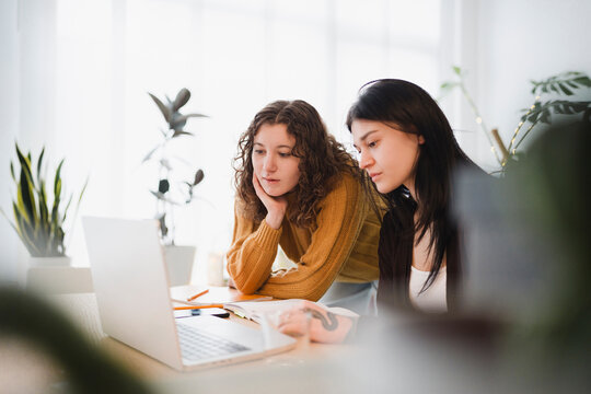 Two young women collaborate on a project, studying intently on a laptop at a wooden desk with notebooks and plants in the background.