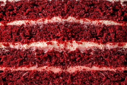 A close-up of rich red velvet cake layers with creamy filling.