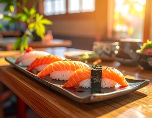 Salmon nigiri sushi sits on a sleek black tray, sunlight bathing a wooden table in a soft, golden glow