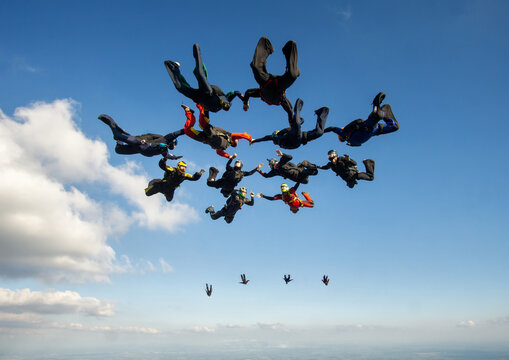 Parachutists perform a large formation in freefall.