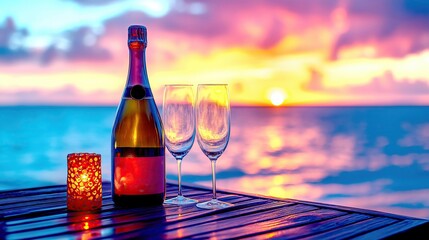 Two glasses with a bottle of champagne on the seashore at sunset. The concept of a romantic meeting. Selective focus.