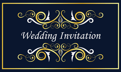 Luxury midnight blue wedding invitation template with premium gold scrolls and elegant decorative border
