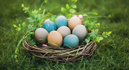 A nest filled with colorful eggs sits on green grass surrounded by foliage.