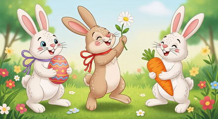 Obraz premium Three cartoon bunnies playing in a colorful garden with flowers and trees