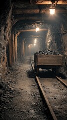 A deep underground mine tunnel, lit by industrial lamps. Wooden supports brace the rock walls. A loaded mine cart on tracks symbolizes resource extraction, diligent labor, and heavy industry.