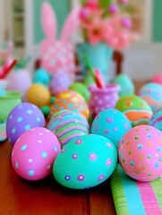 Colorful eggs are arranged on a wooden table with decorations for Easter celebration in a home setting during daytime