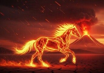 Fototapeta premium Fiery Horse Running from Volcano, Fantasy Artwork, Fire Horse, Digital Art, Dramatic
