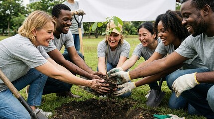 Group of diverse volunteers planting a young tree together in a sunny park, showcasing teamwork, community service, environmental stewardship, and commitment to sustainable living