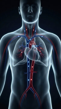 Heart circulation with blood flow particles in vessels, medical 3D visualization