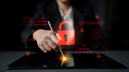 Digital security concept illustrating a cybersecurity breach, with a red unlocked padlock indicating data exposure among secure systems, emphasizing system vulnerability and risk Latch