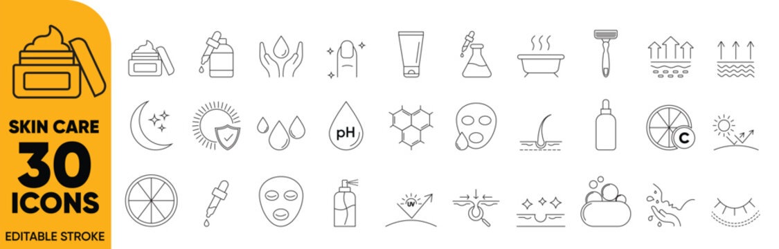Skin Care Line 30 Icons Set - Beauty Routine, Dermatology, Cosmetic Products, Facial Treatment, Spa Wellness, and Hygiene Symbols with Editable Stroke