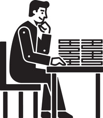 Man in suit sitting at desk with laptop thinking