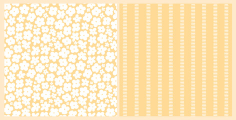 Yellow floral seamless pattern combined with striped print for nursery decor, kids apparel, textile prints, wallpapers, wrapping papers, scrapbooking, stationery, digital paper, backgrounds. EPS 10