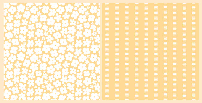 Yellow floral seamless pattern combined with striped print for nursery decor, kids apparel, textile prints, wallpapers, wrapping papers, scrapbooking, stationery, digital paper, backgrounds. EPS 10