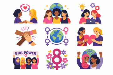 International Women&rsquo;s Day women collaboration across cultures icon set