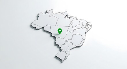 3D rendered, light gray map of country with green location pin, simple design on white