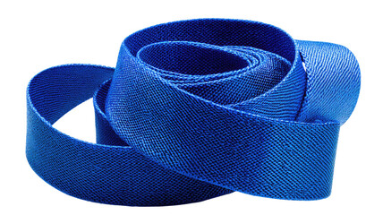 Blue fabric ribbon roll textured woven material close up studio macro decorative strip cutout isolated on white background