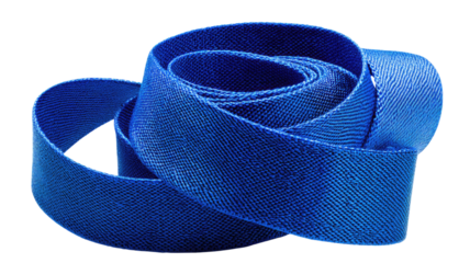Blue fabric ribbon roll textured woven material close up studio macro decorative strip cutout isolated on white background