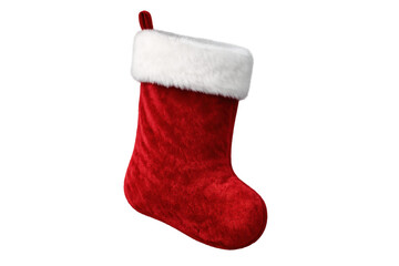 Red velvet christmas stocking with white furry trim ready for holiday gifts celebrating winter season