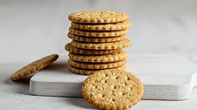 A stack of round, golden-brown biscuits with a textured surface, ready to eat.