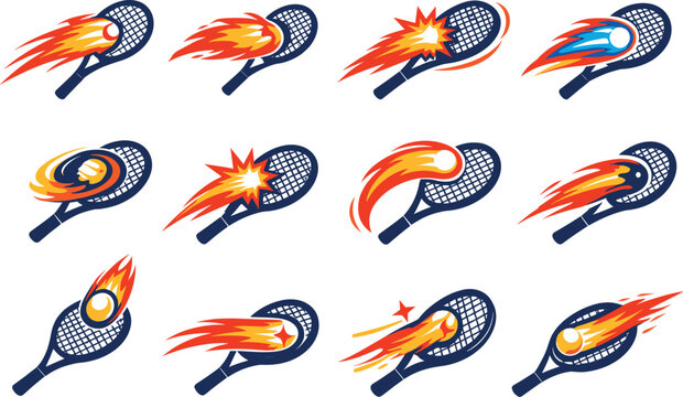 Two-Color vector icons of tennis racket hitting comet: racket striking comet tail, angled racket with blazing comet, racket