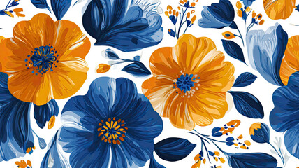 Blue and orange floral pattern illustration with detailed petals and leaves seamless decorative artwork isolated on white background