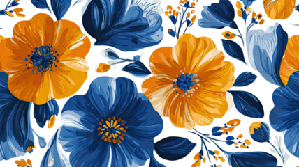 Blue and orange floral pattern illustration with detailed petals and leaves seamless decorative artwork isolated on white background