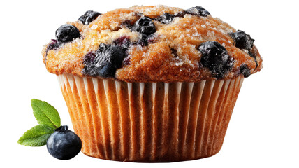 Fresh blueberry muffin baked dessert with sugar crust and juicy berries food photography isolated on white background