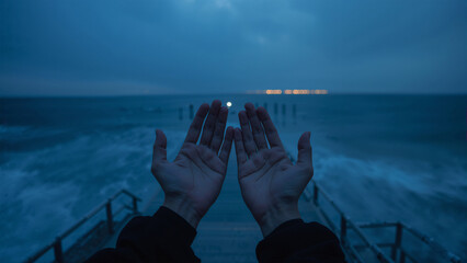 Obraz premium 桟橋の夜景で若い日本人の両手が長秒の海に祈りを捧ぐ