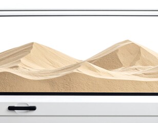 Sand dunes fill a rectangular window. White frame and trim. Dunes are light beige, contrasting with the clear sky