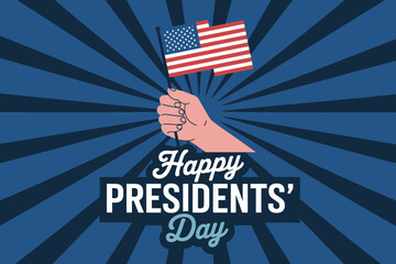 A vibrant vector graphic celebrating Presidents' Day with an American flag and a raised fist