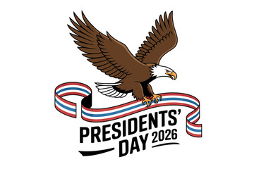 A vector graphic illustration of a bald eagle with a Presidents' Day 2026 banner
