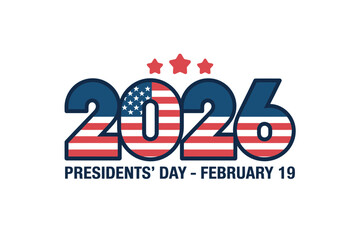 A vector graphic illustration of a Presidents' Day logo for 2026, featuring the American flag design and patriotic colors.