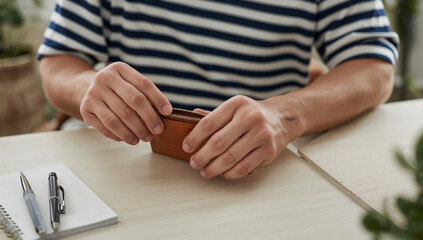 日本人のシニア男性が長財布を開きメモで家計を確認する