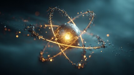 A striking visualization of an atom, showcasing glowing electrons orbiting a central nucleus, set against a dark, ethereal background.
